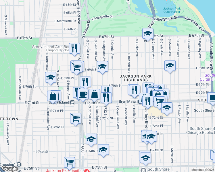 map of restaurants, bars, coffee shops, grocery stores, and more near 7012 South Cregier Avenue in Chicago