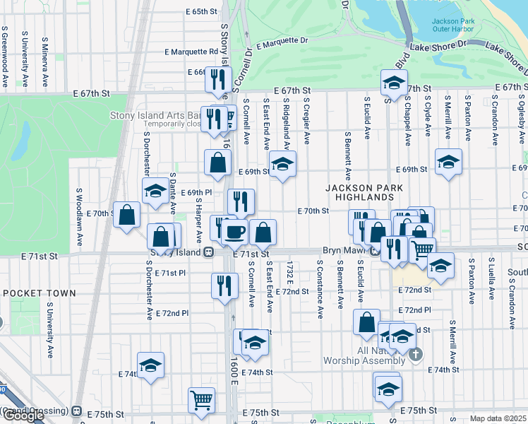 map of restaurants, bars, coffee shops, grocery stores, and more near 7010 South East End Avenue in Chicago