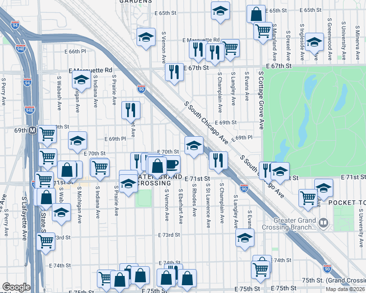 map of restaurants, bars, coffee shops, grocery stores, and more near 7002 South Rhodes Avenue in Chicago