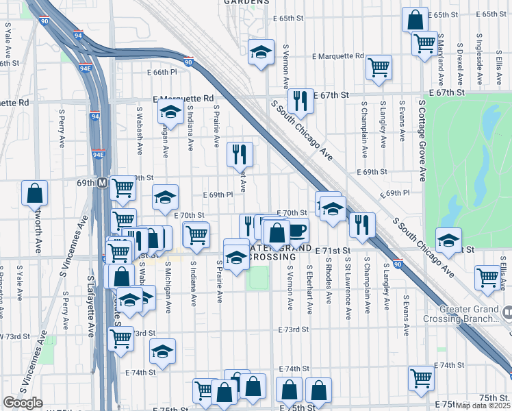 map of restaurants, bars, coffee shops, grocery stores, and more near 6959 South Calumet Avenue in Chicago