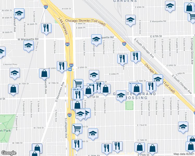 map of restaurants, bars, coffee shops, grocery stores, and more near 112 East 70th Street in Chicago