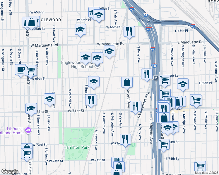 map of restaurants, bars, coffee shops, grocery stores, and more near 312 West 70th Street in Chicago