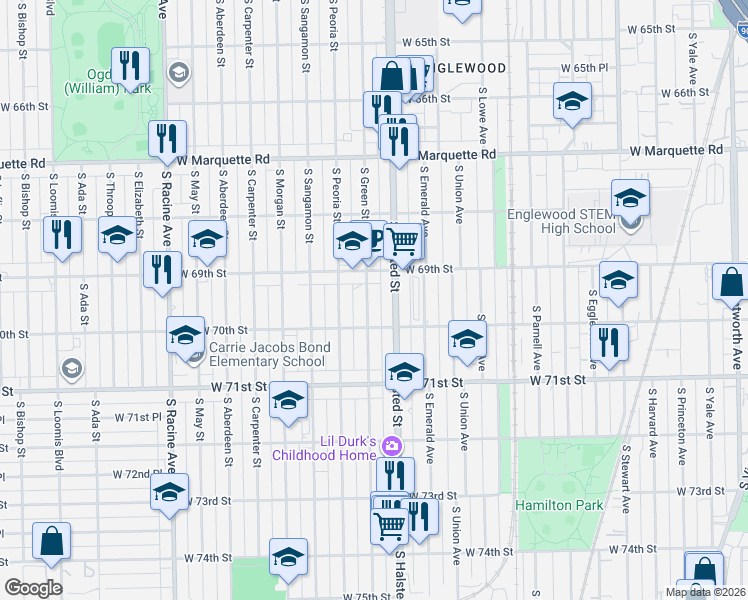 map of restaurants, bars, coffee shops, grocery stores, and more near 6942 South Halsted Street in Chicago