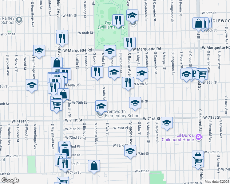 map of restaurants, bars, coffee shops, grocery stores, and more near 6938 South Throop Street in Chicago