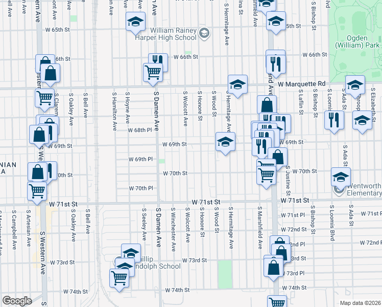 map of restaurants, bars, coffee shops, grocery stores, and more near 6932 South Honore Street in Chicago