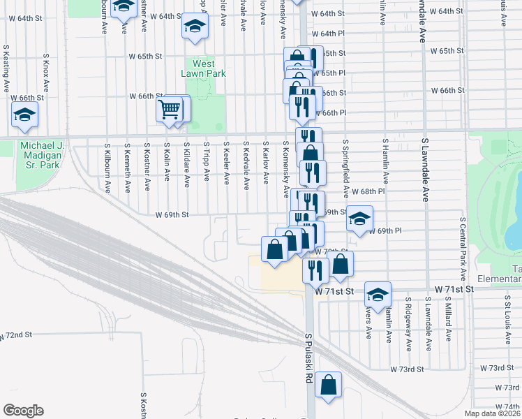 map of restaurants, bars, coffee shops, grocery stores, and more near 4127 West 69th Street in Chicago