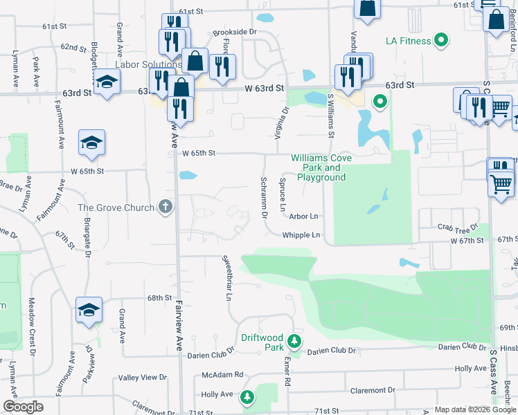 map of restaurants, bars, coffee shops, grocery stores, and more near 1452 Schramm Drive in Westmont