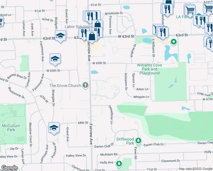 map of restaurants, bars, coffee shops, grocery stores, and more near 7S241 Fairview Avenue in Downers Grove