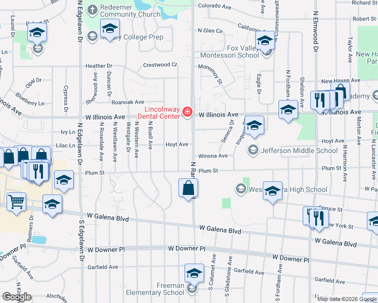 map of restaurants, bars, coffee shops, grocery stores, and more near 530 North Randall Road in Aurora