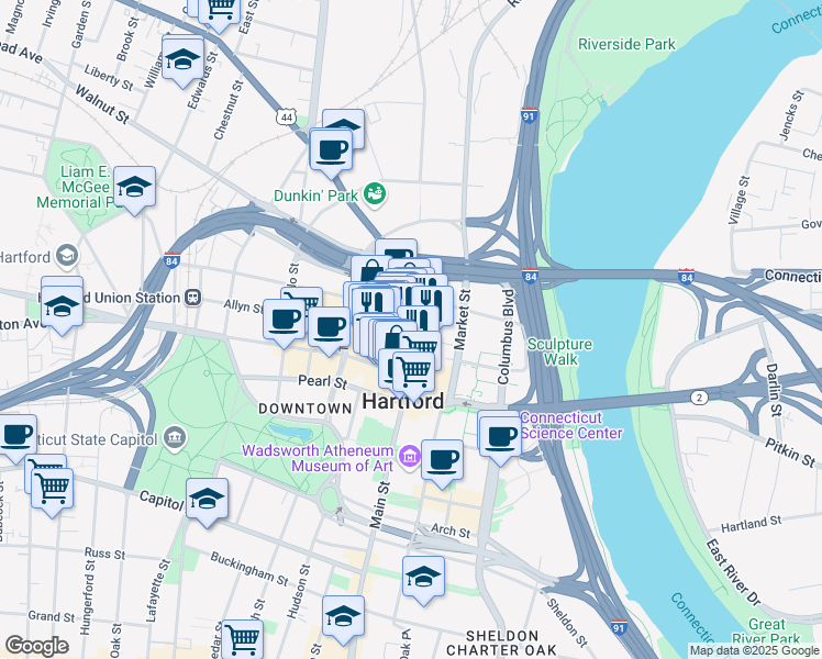 map of restaurants, bars, coffee shops, grocery stores, and more near 942 Main Street in Hartford
