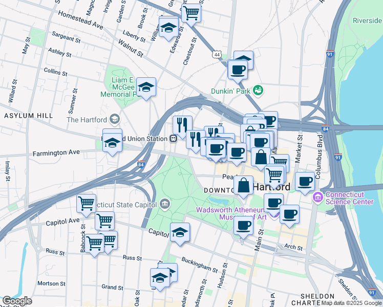 map of restaurants, bars, coffee shops, grocery stores, and more near 370 Asylum Street in Hartford