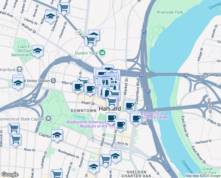 map of restaurants, bars, coffee shops, grocery stores, and more near 915 Main Street in Hartford
