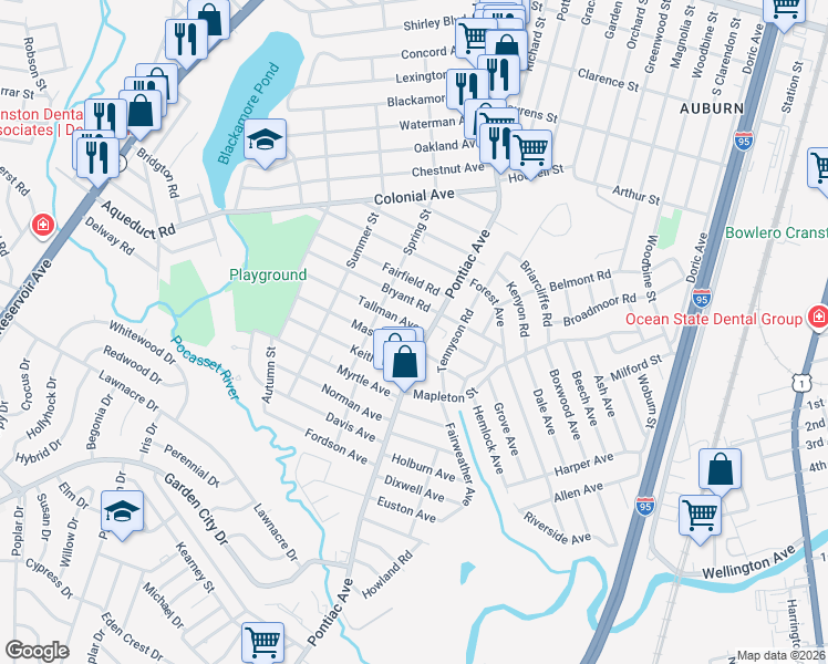 map of restaurants, bars, coffee shops, grocery stores, and more near 1 Mason Avenue in Cranston