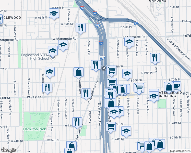 map of restaurants, bars, coffee shops, grocery stores, and more near 6950 South Vincennes Avenue in Chicago