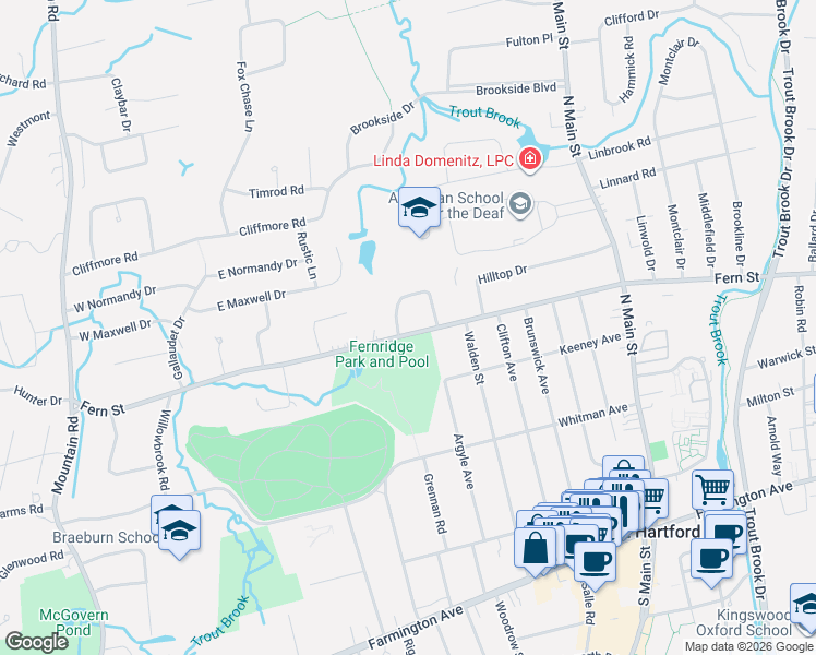 map of restaurants, bars, coffee shops, grocery stores, and more near 554 Fern Street in West Hartford