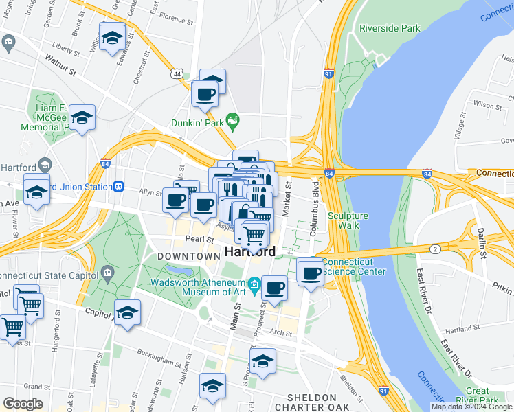 map of restaurants, bars, coffee shops, grocery stores, and more near 942 Main Street in Hartford