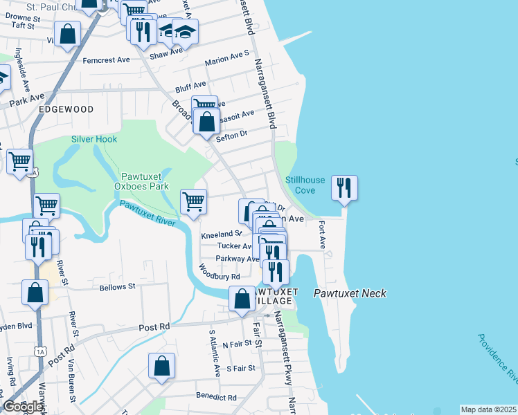map of restaurants, bars, coffee shops, grocery stores, and more near 52 Circuit Drive in Cranston