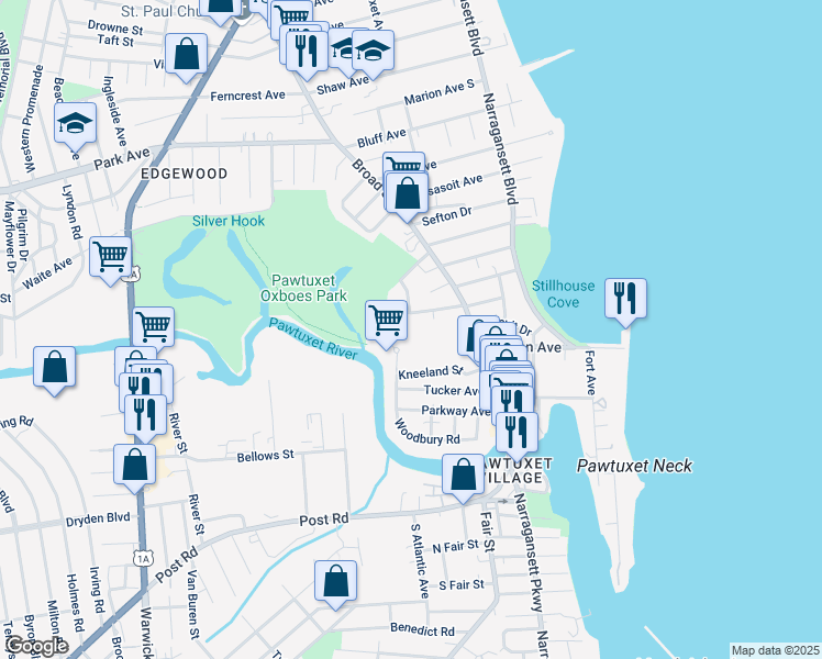 map of restaurants, bars, coffee shops, grocery stores, and more near 51 Rhodes Place in Cranston