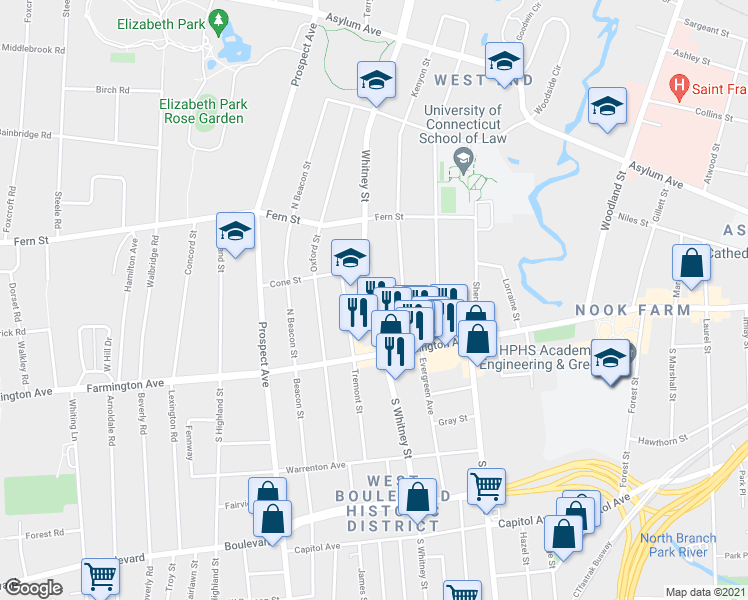 map of restaurants, bars, coffee shops, grocery stores, and more near 40 Whitney St in Hartford