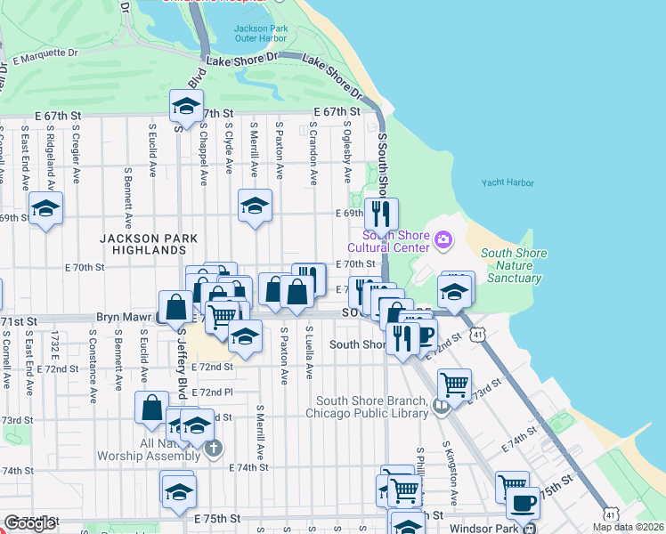 map of restaurants, bars, coffee shops, grocery stores, and more near 7014 South Oglesby Avenue in Chicago