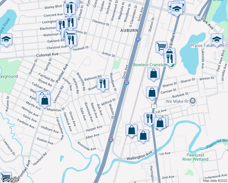 map of restaurants, bars, coffee shops, grocery stores, and more near 45 Bedford Road in Cranston
