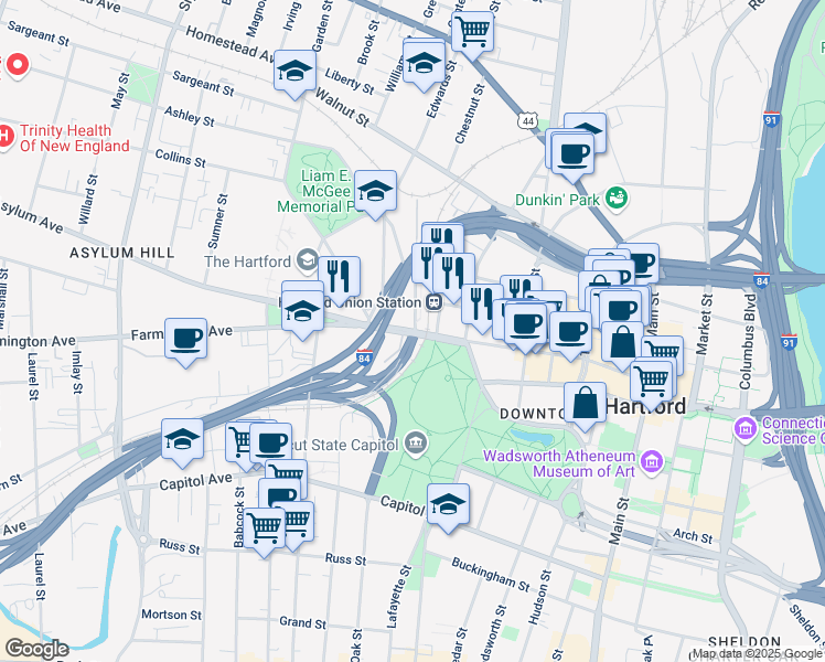 map of restaurants, bars, coffee shops, grocery stores, and more near 965 Asylum Street in Hartford