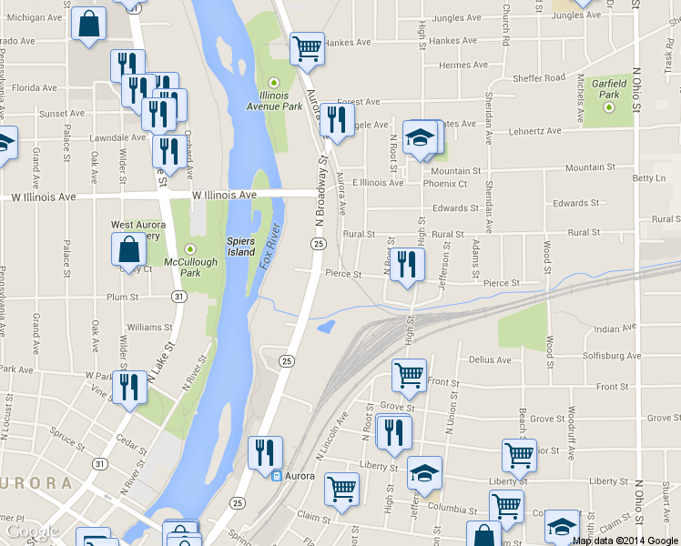 map of restaurants, bars, coffee shops, grocery stores, and more near 583 Aurora Avenue in Aurora