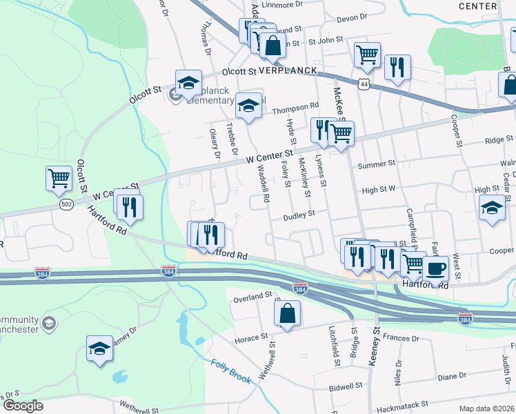 map of restaurants, bars, coffee shops, grocery stores, and more near 47 Pioneer Circle in Manchester