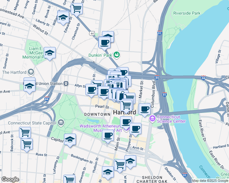 map of restaurants, bars, coffee shops, grocery stores, and more near in Hartford
