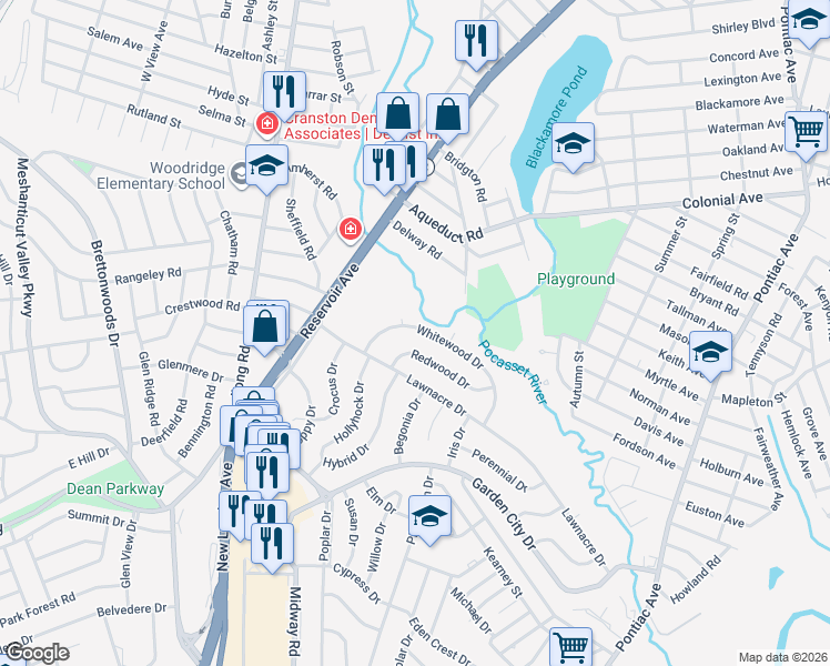 map of restaurants, bars, coffee shops, grocery stores, and more near 20 Redwood Drive in Cranston