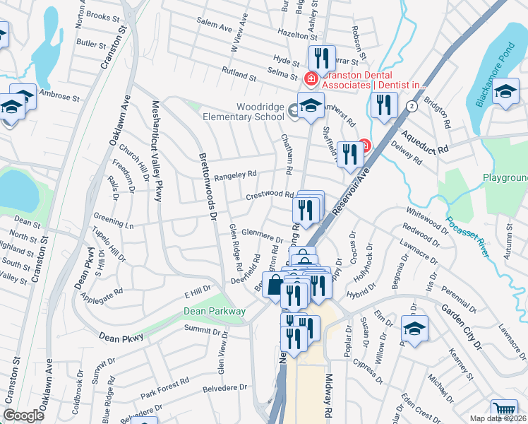 map of restaurants, bars, coffee shops, grocery stores, and more near 27 Everett Road in Cranston