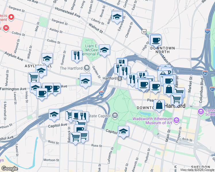 map of restaurants, bars, coffee shops, grocery stores, and more near 545 Asylum Avenue in Hartford