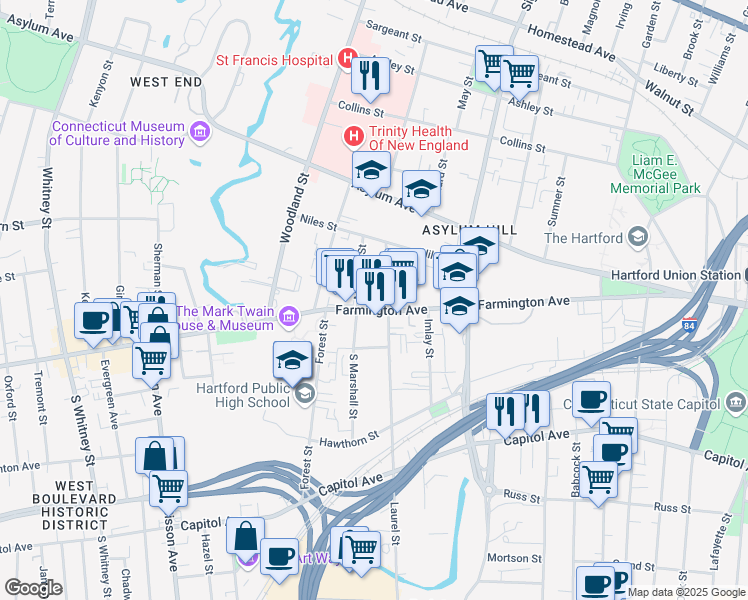 map of restaurants, bars, coffee shops, grocery stores, and more near 267 Farmington Avenue in Hartford