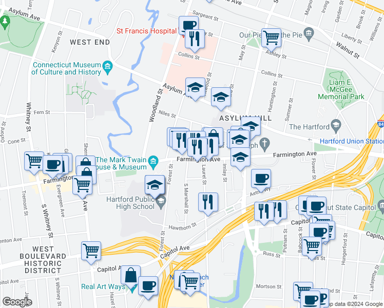 map of restaurants, bars, coffee shops, grocery stores, and more near 267 Farmington Avenue in Hartford