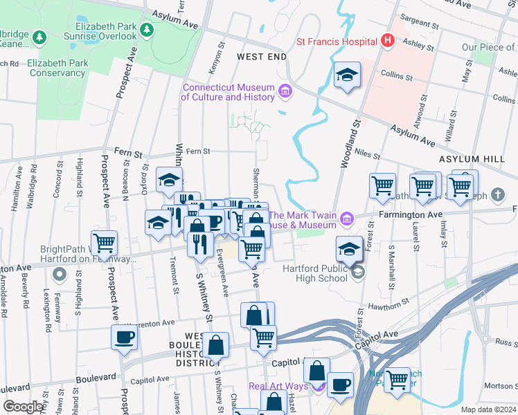 map of restaurants, bars, coffee shops, grocery stores, and more near 18 Sherman Street in Hartford