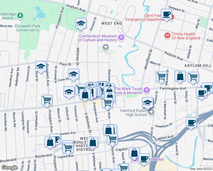 map of restaurants, bars, coffee shops, grocery stores, and more near 26 Girard Avenue in Hartford