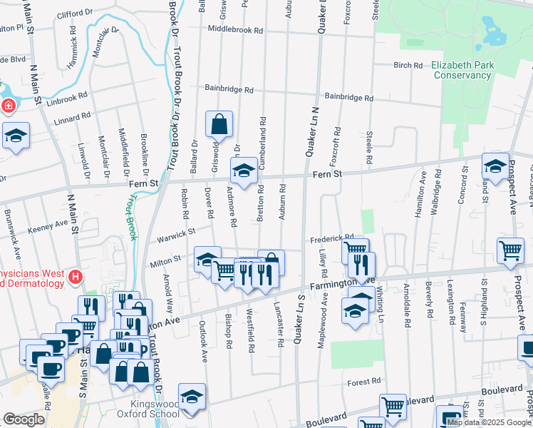 map of restaurants, bars, coffee shops, grocery stores, and more near 43 Auburn Road in West Hartford