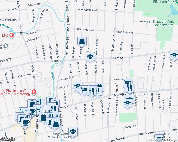 map of restaurants, bars, coffee shops, grocery stores, and more near 97 Ardmore Road in West Hartford