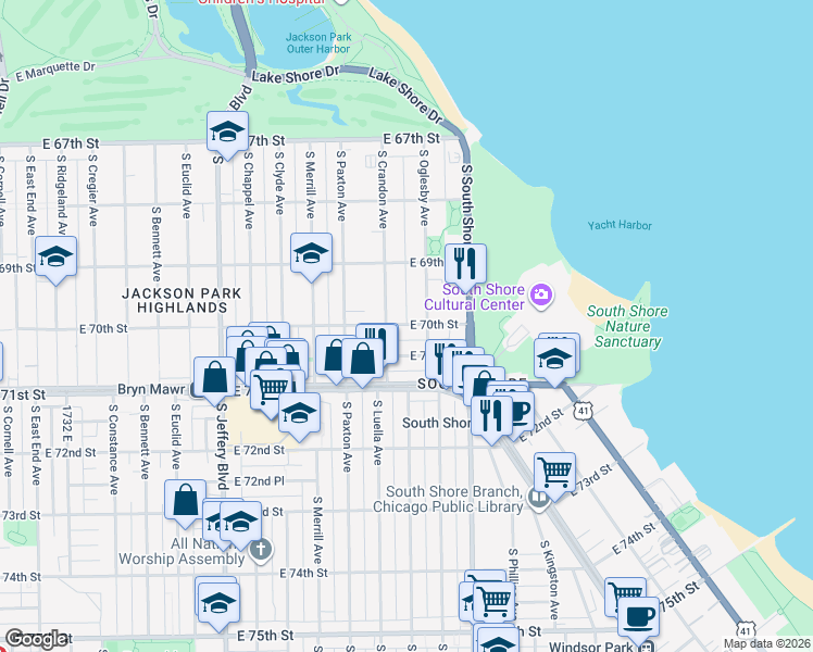 map of restaurants, bars, coffee shops, grocery stores, and more near 7014 South Oglesby Avenue in Chicago
