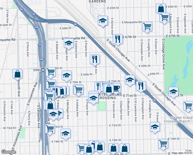 map of restaurants, bars, coffee shops, grocery stores, and more near 6959 South Calumet Avenue in Chicago