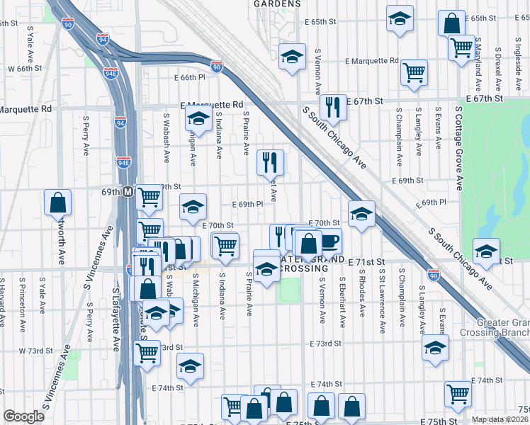 map of restaurants, bars, coffee shops, grocery stores, and more near 314 East 70th Street in Chicago