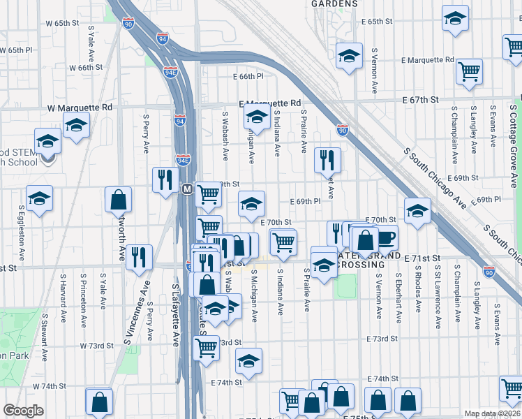 map of restaurants, bars, coffee shops, grocery stores, and more near 112 East 70th Street in Chicago