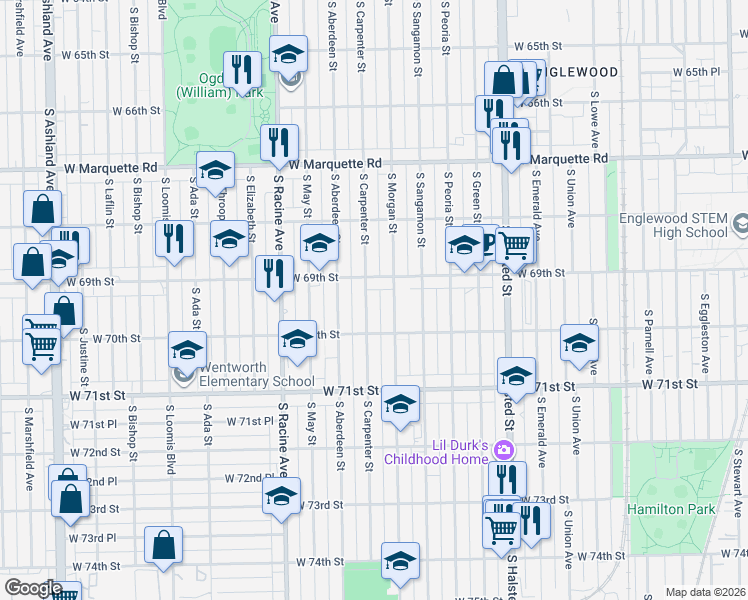 map of restaurants, bars, coffee shops, grocery stores, and more near 6940 South Morgan Street in Chicago