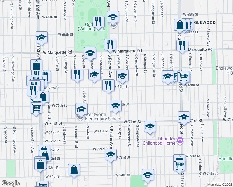 map of restaurants, bars, coffee shops, grocery stores, and more near 6941 South Racine Avenue in Chicago