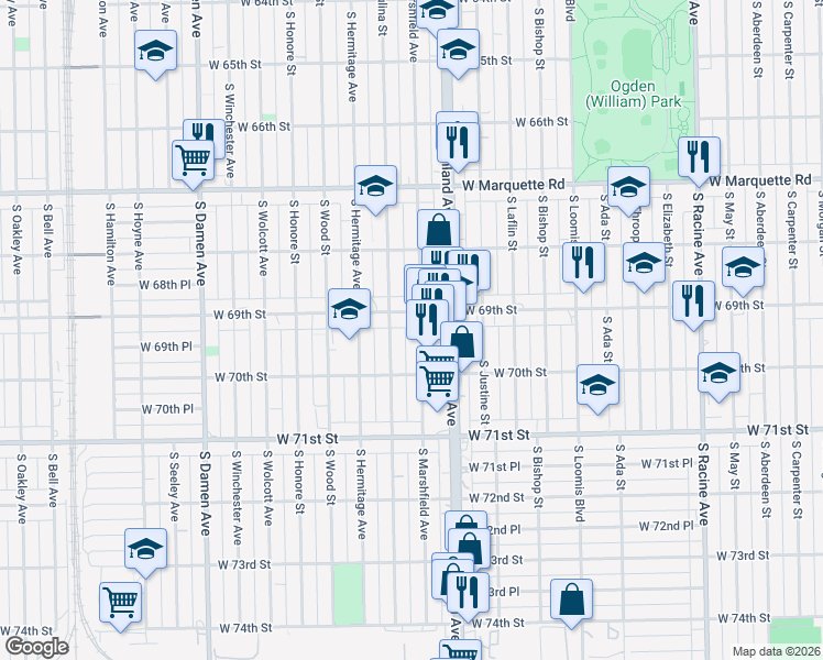 map of restaurants, bars, coffee shops, grocery stores, and more near 6935 South Paulina Street in Chicago