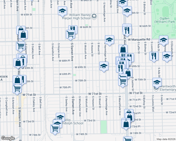 map of restaurants, bars, coffee shops, grocery stores, and more near 6932 South Honore Street in Chicago