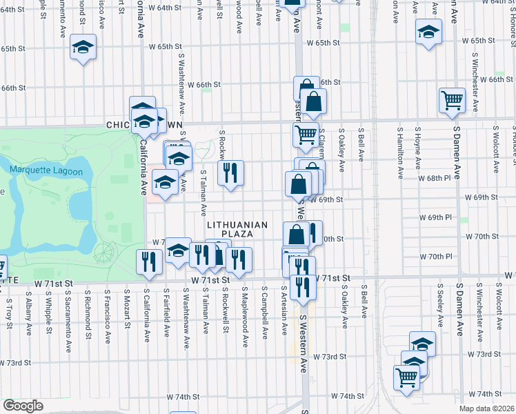 map of restaurants, bars, coffee shops, grocery stores, and more near 6925 South Campbell Avenue in Chicago