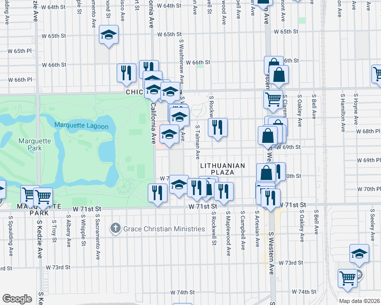 map of restaurants, bars, coffee shops, grocery stores, and more near 6924 South Talman Avenue in Chicago