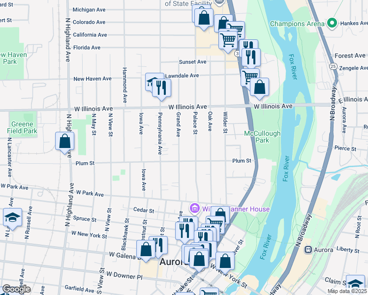 map of restaurants, bars, coffee shops, grocery stores, and more near 506 Palace Street in Aurora