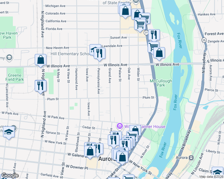 map of restaurants, bars, coffee shops, grocery stores, and more near 510 Grand Avenue in Aurora